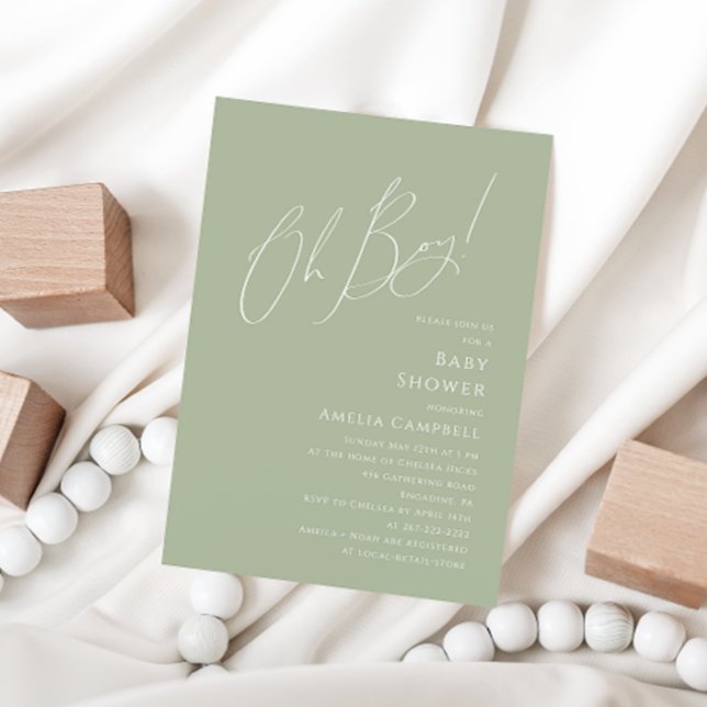 Whimsical Sage Green Oh Boy! Baby Shower Invitation (Creator Uploaded)