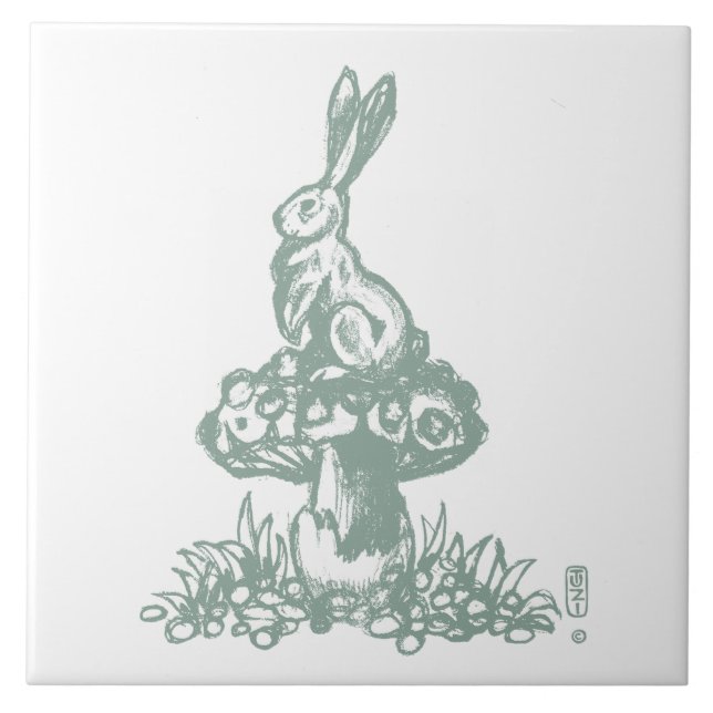 Whimsical Sage Green Rabbit on Mushroom Drawing Tile (Front)
