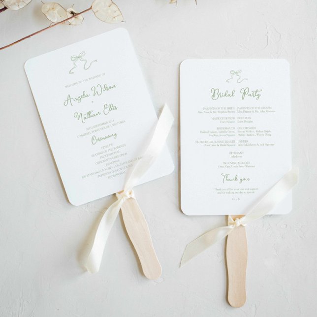 Whimsical Sage Green Wedding Program Fan (sage green bow wedding program fan with bridal party hand written ceremony and hand drawn bow )