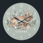 Whimsical Sage Green Woodland Animals Boy Nursery Large Clock<br><div class="desc">This whimsical design features soft sage green watercolor greenery and adorable forest animals</div>