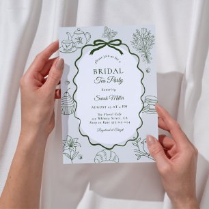 Whimsical Sage Hand Drawn Bridal Shower Tea Party Invitation