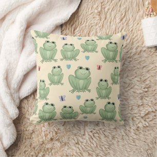 Whimsical Sage Watercolor Frog Pattern Throw Pillow