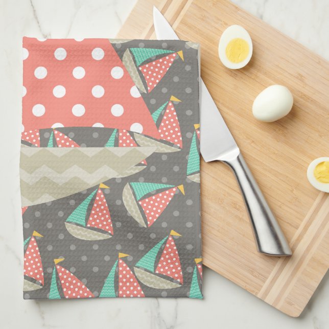 Whimsical Sailboats Kitchen Towel (Quarter Fold)