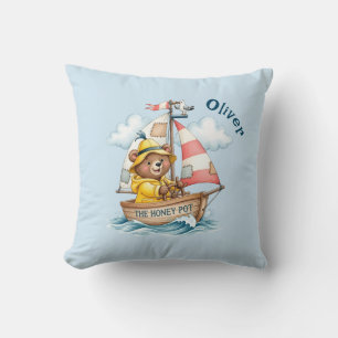 Whimsical Sailor Bear on Sailboat Throw Pillow
