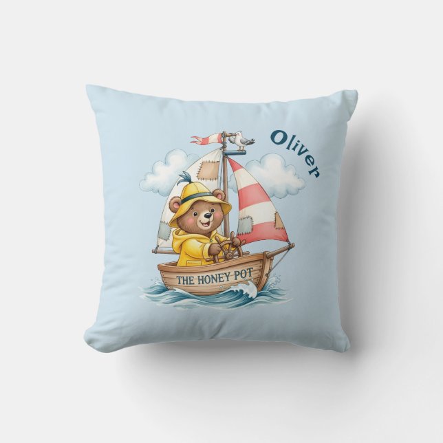 Whimsical Sailor Bear on Sailboat Throw Pillow (Front)