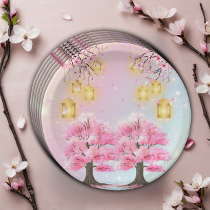 Whimsical Sakura Cherry Blossom Tree Baby Shower Paper Plate