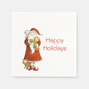 Whimsical Santa and Cats Holiday Napkin
