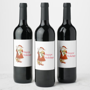 Whimsical Santa and Cats Holiday Wine Label