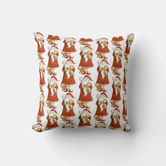 Whimsical Santa & Cats Pattern Throw Pillow (Front)