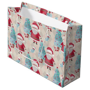 Whimsical Santa Claus and Christmas Trees Large Gift Bag