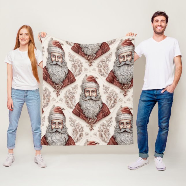 Whimsical Santa Claus & Botanical Fleece Blanket (In Situ)