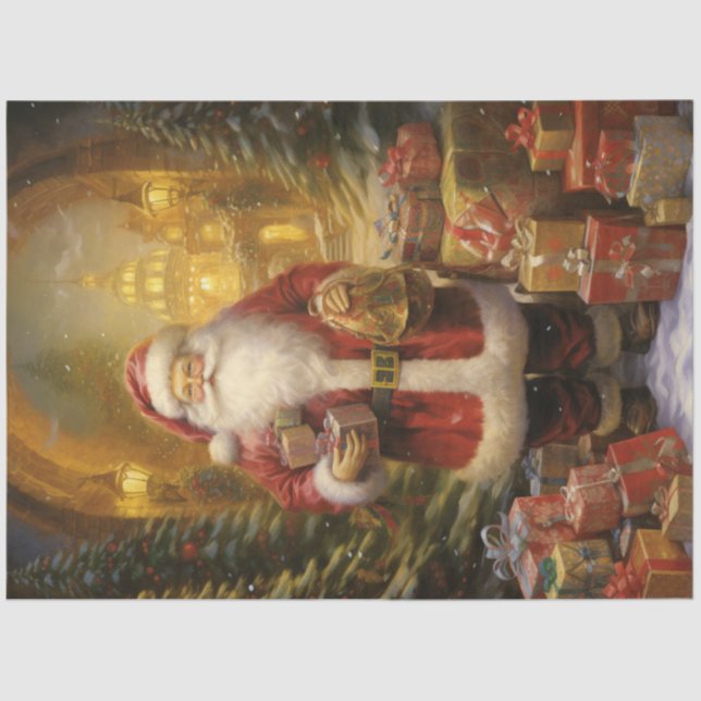 Whimsical Santa Claus holding Christmas present Tissue Paper (Front)