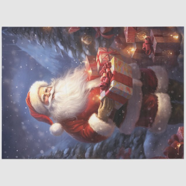 Whimsical Santa Claus holding Christmas present Tissue Paper (Front)