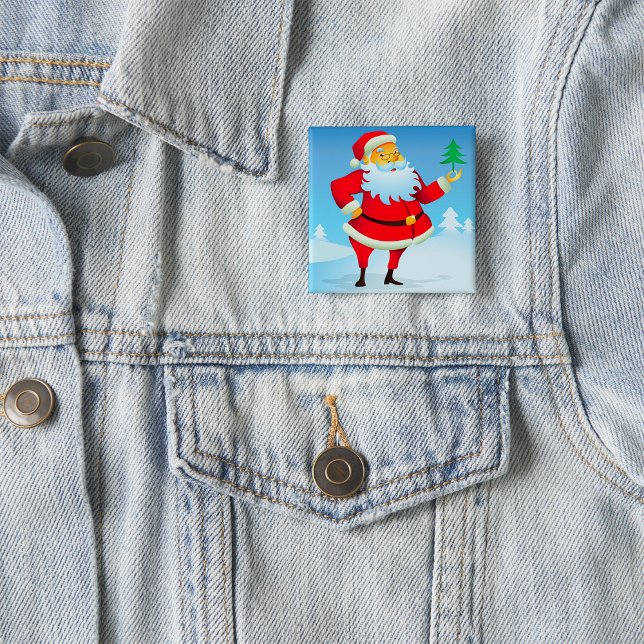 Whimsical Santa Claus with Mini Christmas Tree  2 Inch Square Button (Creator Uploaded)