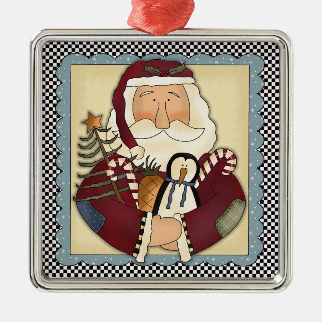 Whimsical Santa Folk Art Christmas Keepsake Metal Ornament (Front)