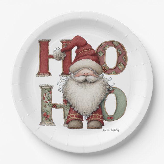 Whimsical Santa HO HO HO Paper Plates (Front)