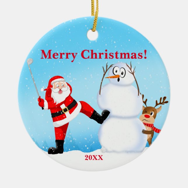 Whimsical Santa Playing Golf, Snowman And Reindeer Ceramic Ornament (Front)