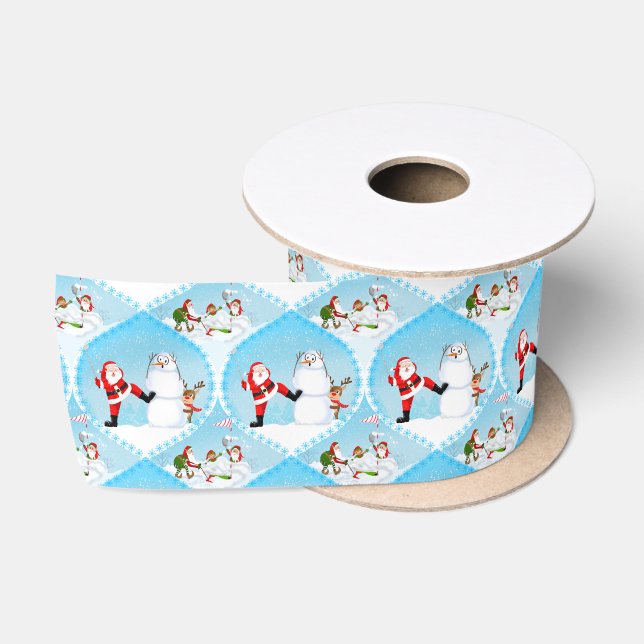 Whimsical Santa Playing Golf, Snowman And Reindeer Satin Ribbon (Spool)