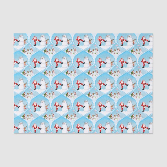 Whimsical Santa Playing Golf, Snowman And Reindeer Tissue Paper (Front)