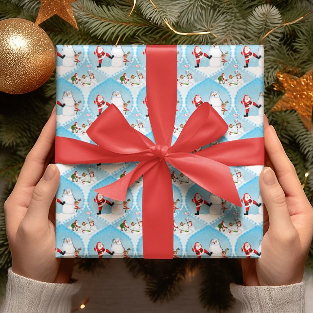 Whimsical Santa Playing Golf, Snowman And Reindeer Wrapping Paper (Santa golfs, Snowman watches, Reindeer doubts; A golfer's perfect holiday surprise!)