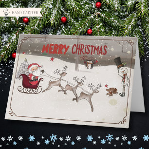Whimsical Santa Sleigh and Reindeer Christmas Card