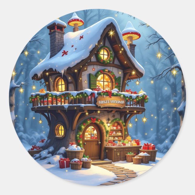 Whimsical Santa's Workshop Christmas Classic Round Sticker (Front)
