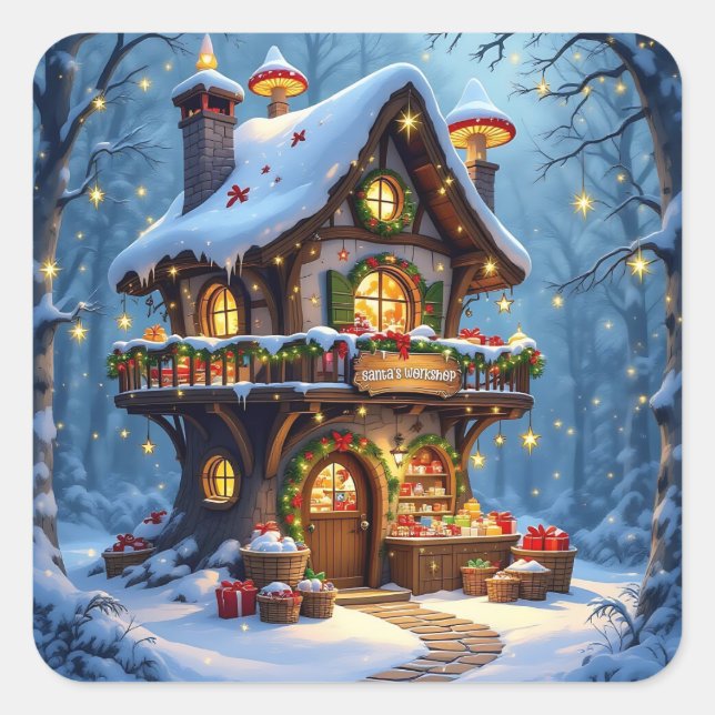 Whimsical Santa's Workshop Christmas Square Sticker (Front)