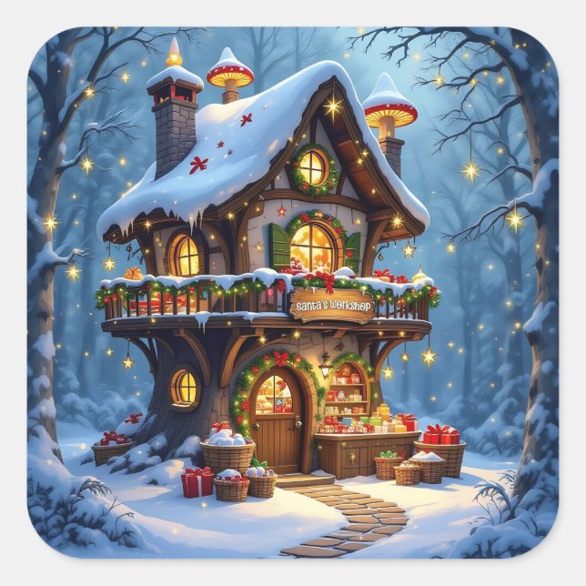 Whimsical Santa's Workshop Christmas Square Sticker (Front)