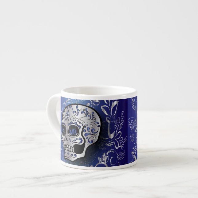 Whimsical sapphire blue and silver skull espresso cup (Front Left)