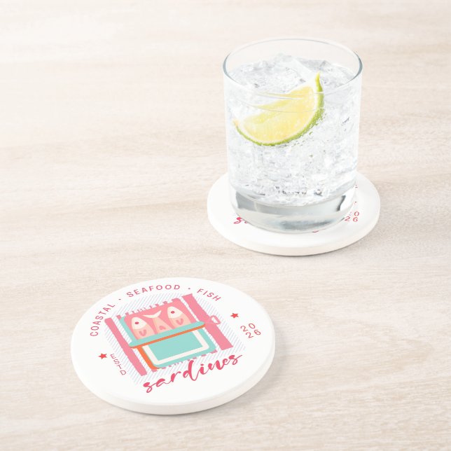 Whimsical Sardines Coastal Beach Pink Coaster (Side)