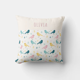 Whimsical Scandi Bird Pattern Personalized Nursery Throw Pillow