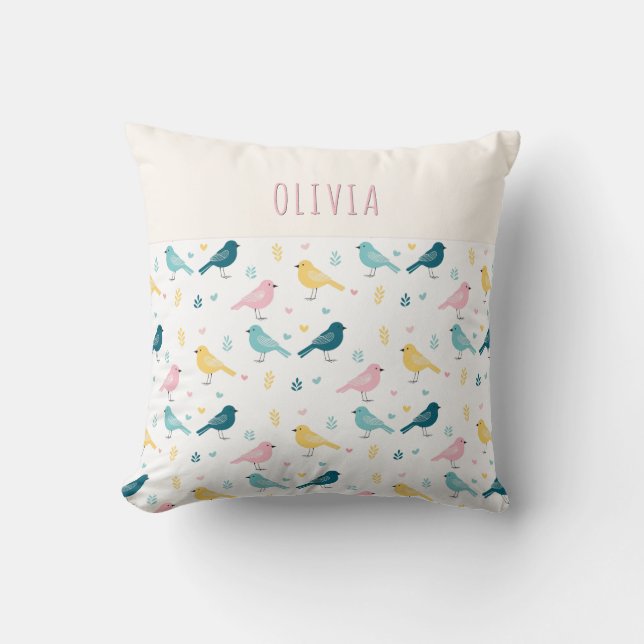Whimsical Scandi Bird Pattern Personalized Nursery Throw Pillow (Front)