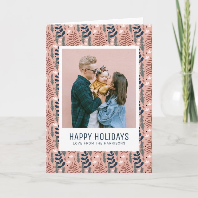 Whimsical Scandi Pink Foliage Pattern Family Photo Holiday Card (Front)