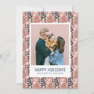 Whimsical Scandi Pink Foliage Pattern Family Photo Holiday Card