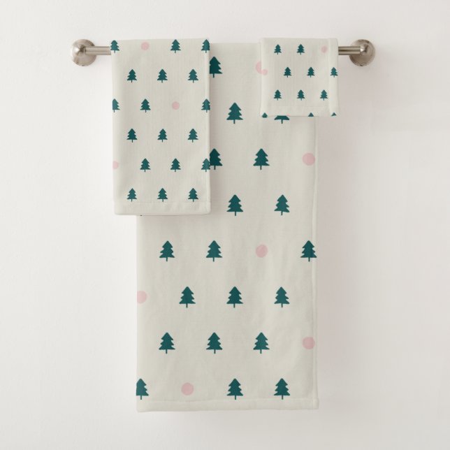 Whimsical Scandinavian Christmas Trees Green Pink Bath Towel Set (Insitu)