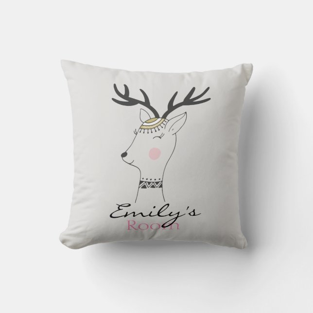 Whimsical Scandinavian Deer Personalized Throw Pillow (Front)