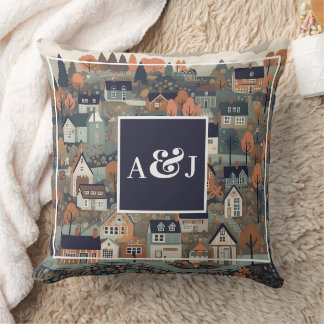 Whimsical Scandinavian Village Monogram Throw Pillow
