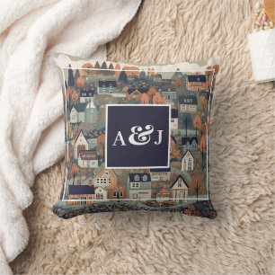Whimsical Scandinavian Village Monogram Throw Pillow