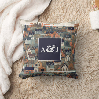 Whimsical Scandinavian Village Monogram Throw Pillow