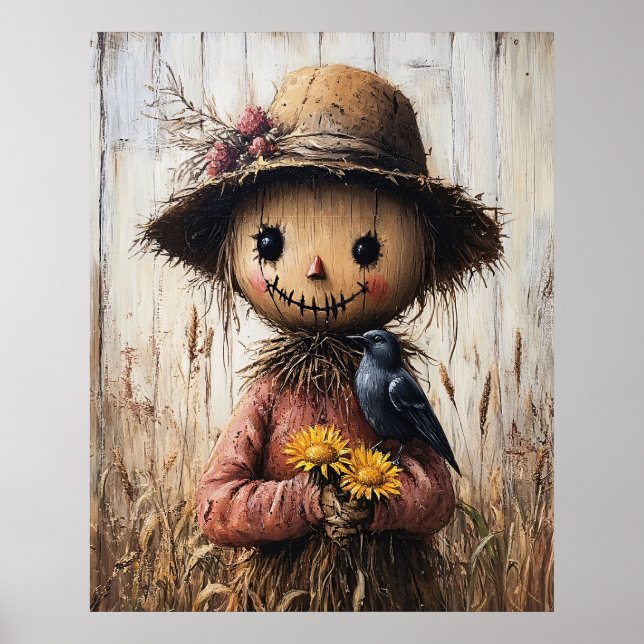 Whimsical Scarecrow Holding Sunflowers Poster (Front)