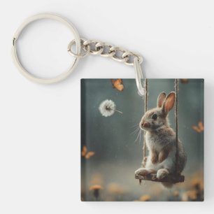 Whimsical Scene of a Cute Baby Bunny on a Swing Keychain