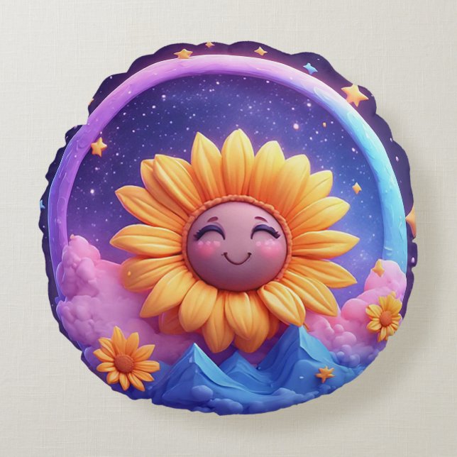 Whimsical Scene Surrounded by Sunflowers Round Pillow (Front)