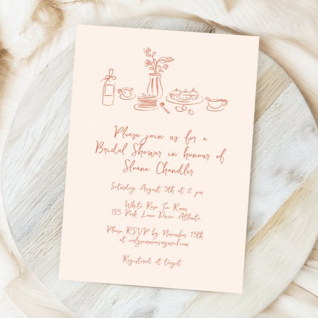Whimsical Scribble Doodle Hand Drawn Bridal Shower Invitation (whimsical food and drink doodles bridal shower invitation in light peach)