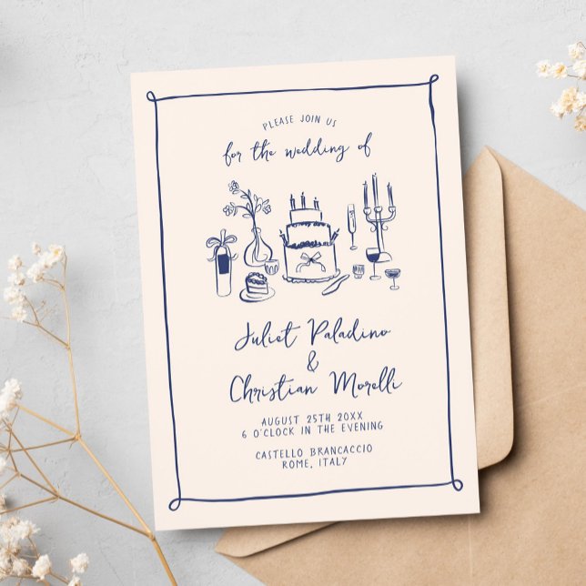 Whimsical Scribble Doodle Hand Drawn Wedding Invitation (whimsical hand drawn wedding invitation with wedding table cake and drink illustrations)