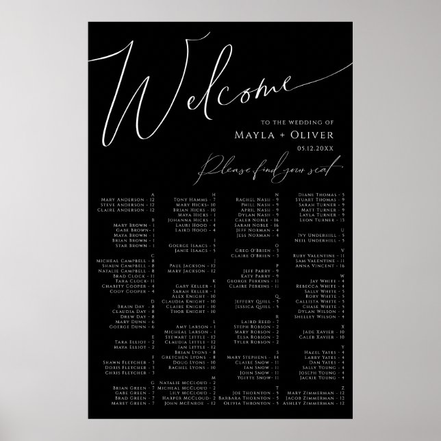 Whimsical Script | Black Alphabetical Seating Poster (Front)