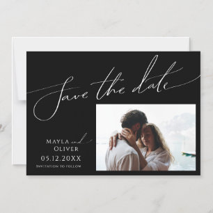 Whimsical Script Black Horizontal Save The Date Magnetic Invitation