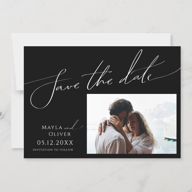 Whimsical Script | Black Horizontal Save The Date Magnetic Invitation (Front)