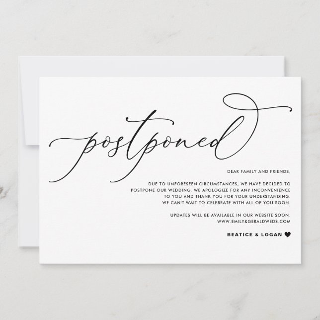 Whimsical Script Black Wedding Postponement Announcement (Front)
