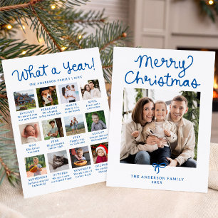 Whimsical Script Blue Bow Year in Review Photo Holiday Card