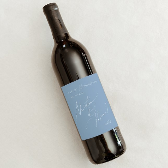 Whimsical Script | Blue Matron Of Honour Proposal Wine Label (Creator Uploaded)